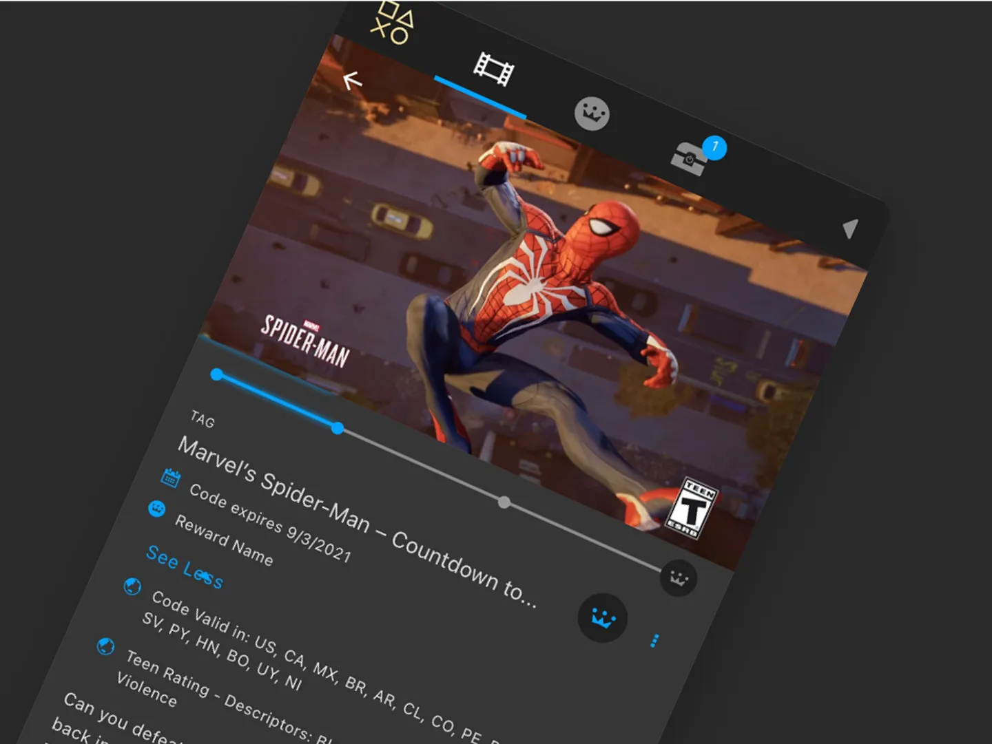 Image of a mobile app screen showing an image of the Spiderman game and the user interface